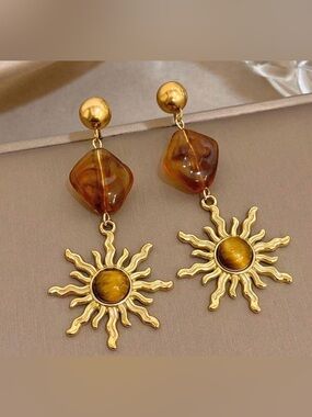 Gold Sun Drop Earrings with Amber Accents - Women Jewelry